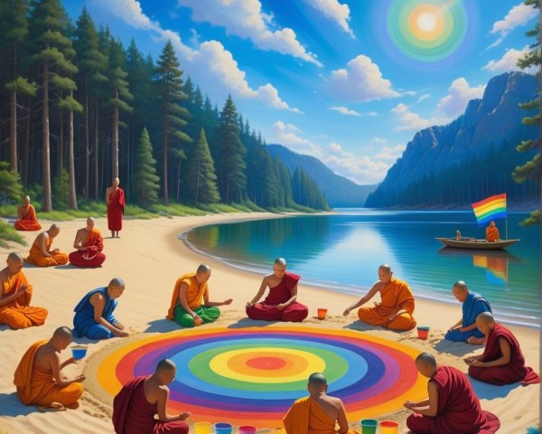 Monks by a serene lakeside with a colorful mandala