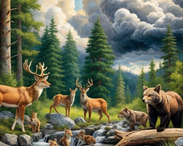 Wildlife Gathering by a Stream in a Forest Setting