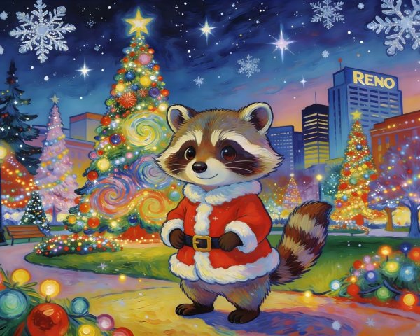 Baby Raccoon in Santa Suit at Christmas Park Scene
