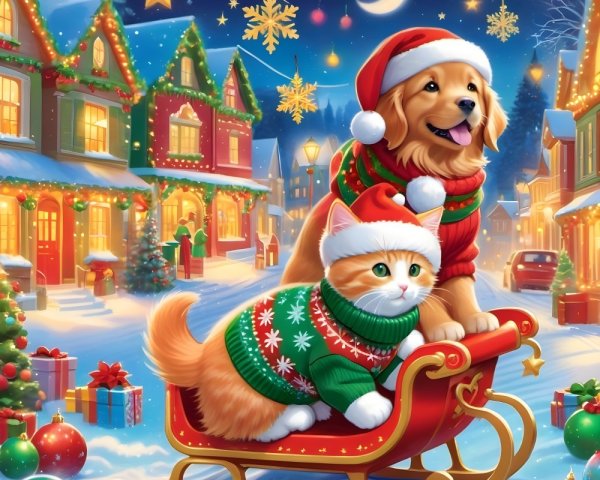 Whimsical Christmas Scene with Puppy and Kitten