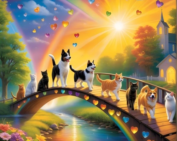 Joyful Dogs and Cats on a Colorful Bridge Scene