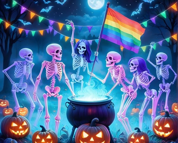Whimsical Halloween Scene with Skeletons and Pumpkins