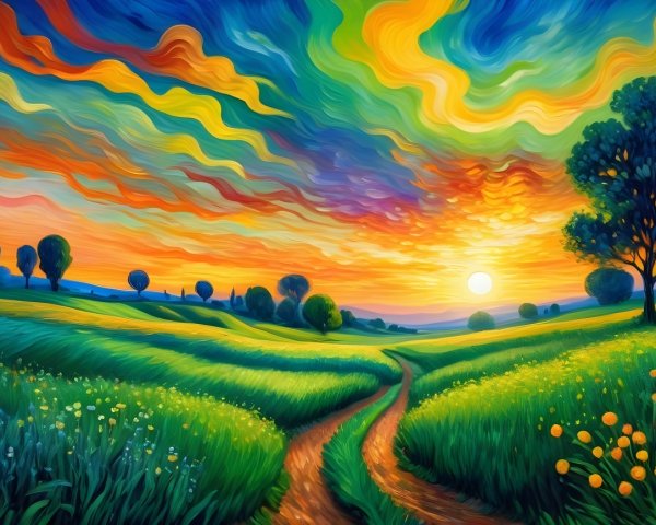 Vibrant Sunset Landscape with Rolling Green Hills