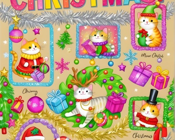 Christmas Cat Collage with Festive Decorative Elements