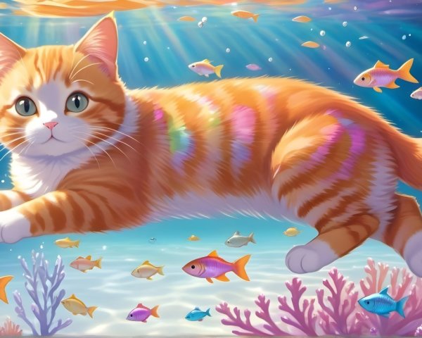 Underwater Scene with Orange Tabby Cat and Marine Life