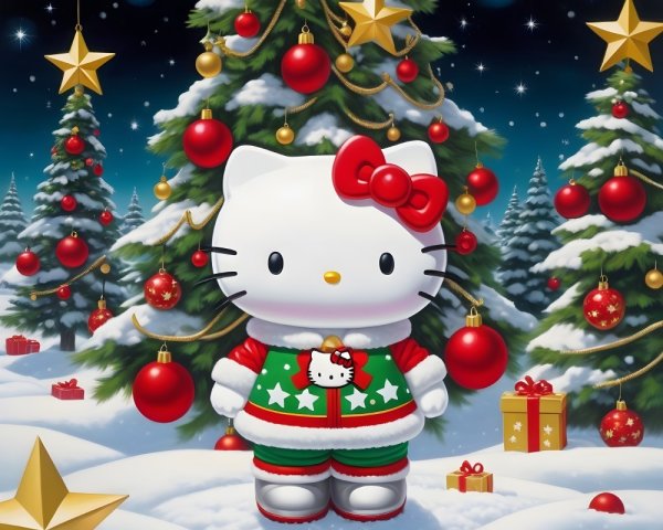 Hello Kitty in Christmas Attire in Snowy Forest Scene