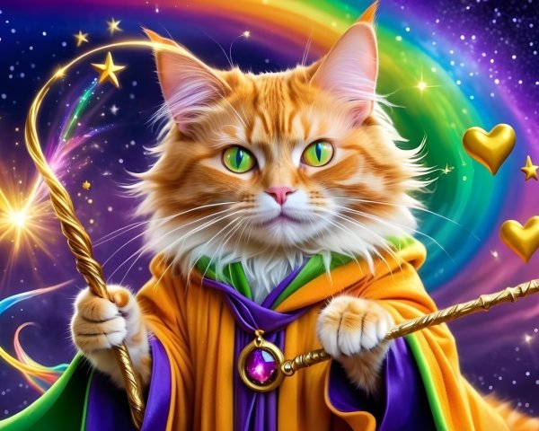 Ginger Cat in Cape with Wands Against Cosmic Backdrop