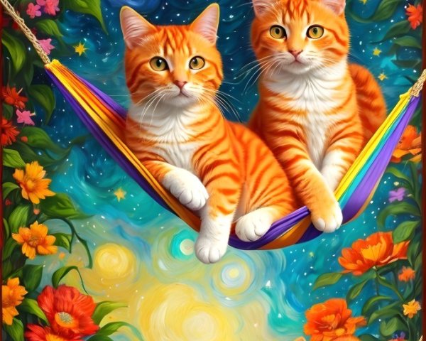 Orange Tabby Cats in Colorful Hammocks Under Stars