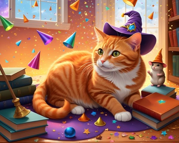 Whimsical Cat in Wizard Hat Surrounded by Party Decor