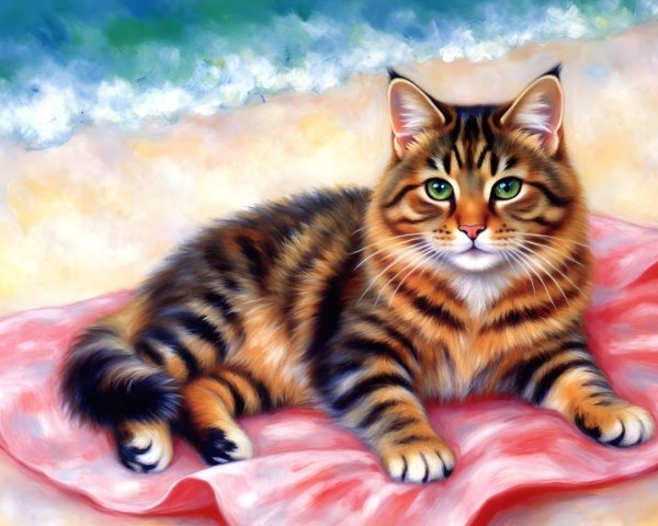 Tabby Cat with Orange Stripes on Pink Blanket