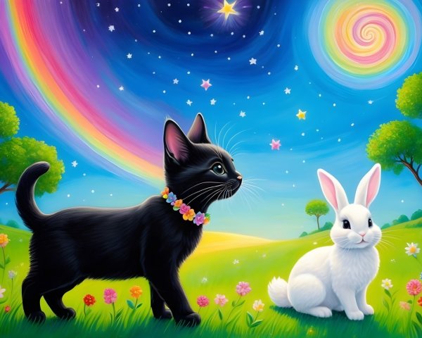 Whimsical Landscape with Cat and Rabbit in Colorful Sky
