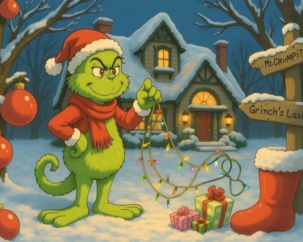 Grinch in Snowy Landscape with Christmas Decor