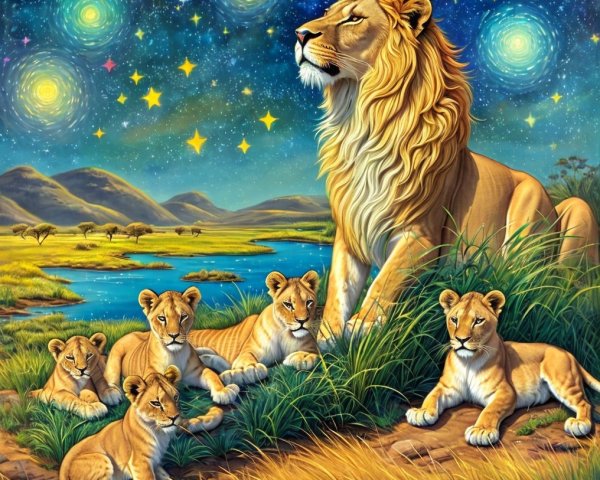 Lion and Cubs in a Vibrant Nighttime Savannah Scene