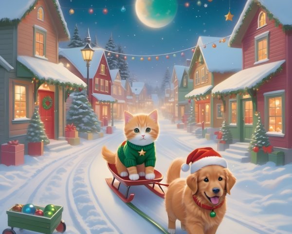 Orange Kitten and Golden Retriever on a Christmas Sled