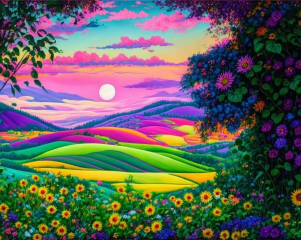 Vibrant Landscape of Rolling Hills at Sunset
