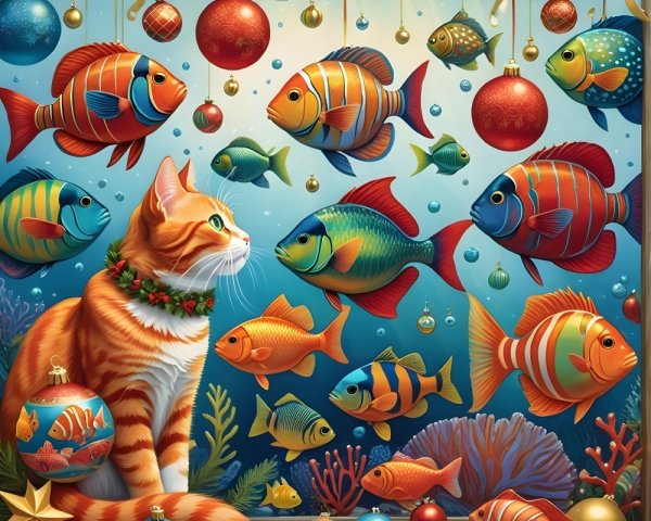 Orange Tabby Cat in Festive Underwater Scene