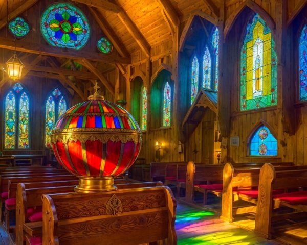 Interior of a Wooden Church with Stained-Glass Features