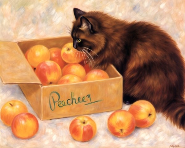 Fluffy Brown Cat Inspects Box of Bright Orange Apples