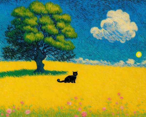 Vibrant landscape with tree, cat, and colorful flowers