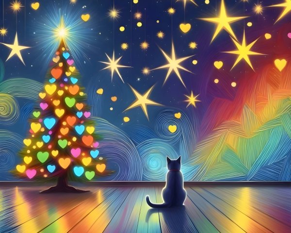Black Cat by Colorful Christmas Tree Under Starry Sky