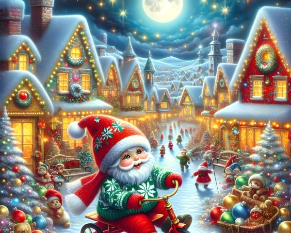 Whimsical Winter Scene with Santa on a Tricycle