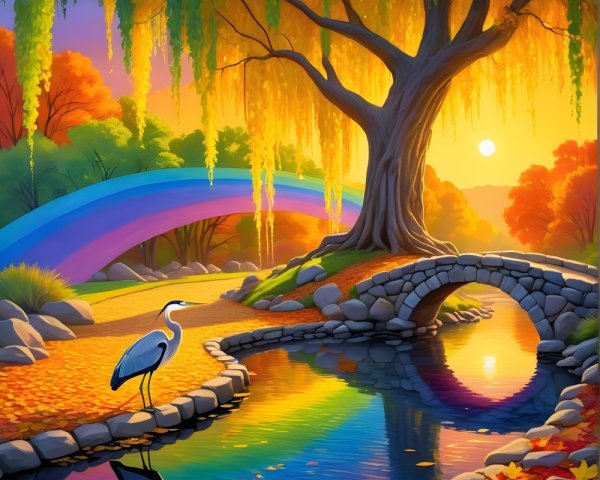 Vibrant Landscape with Willow Tree and Rainbow