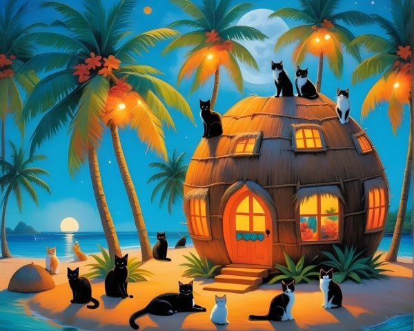 Cozy Beach Hut with Cats in Moonlit Tropical Scene