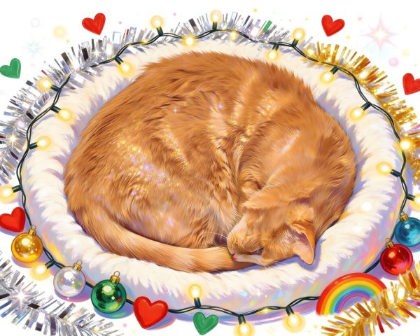 Orange Tabby Cat Sleeping in Festive Cat Bed