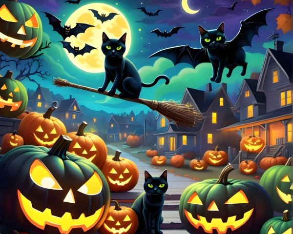 Whimsical Halloween Scene with Cats and Jack-o'-Lanterns