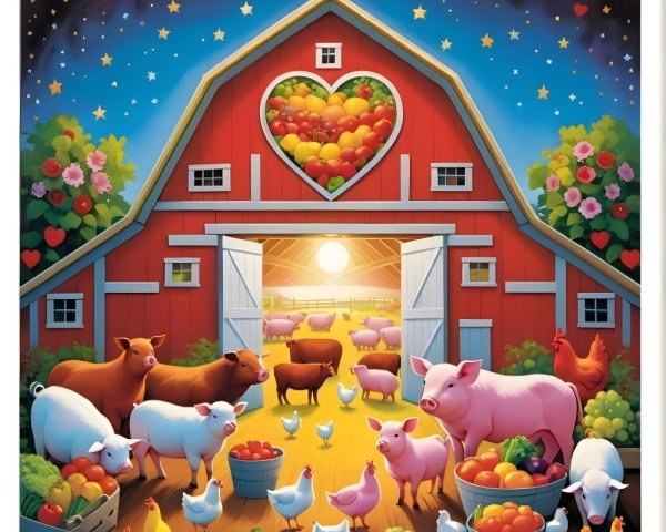 Vibrant Farm Scene with Barn and Animals at Sunset