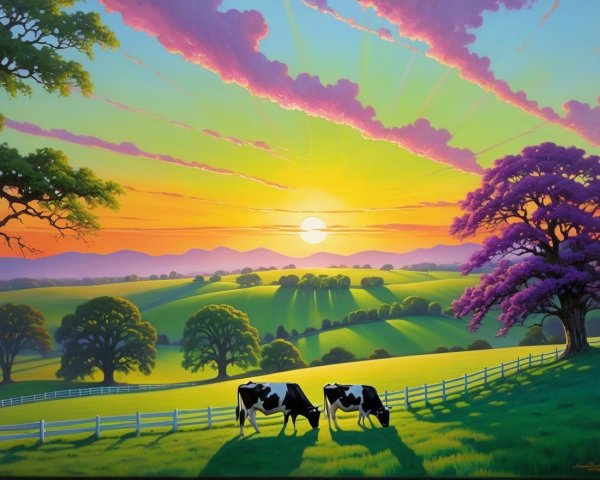 Vibrant Dawn Landscape with Cows and Blossoming Tree