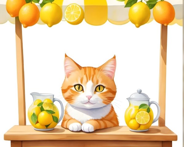 Orange Tabby Cat at Wooden Lemonade Stand