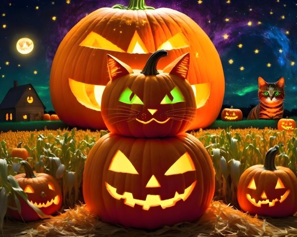 Whimsical Halloween Scene with Carved Pumpkins and Cats