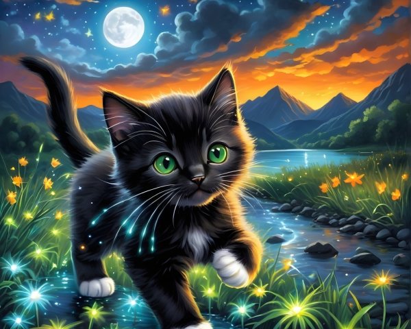 Black and white kitten in a magical landscape scene
