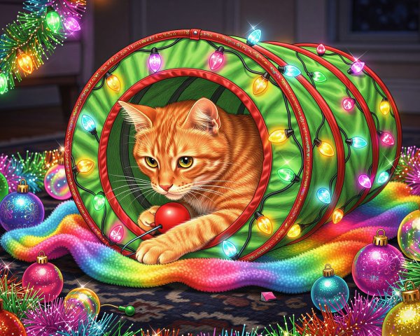 Orange Tabby Cat in Festive Christmas Tunnel Display
