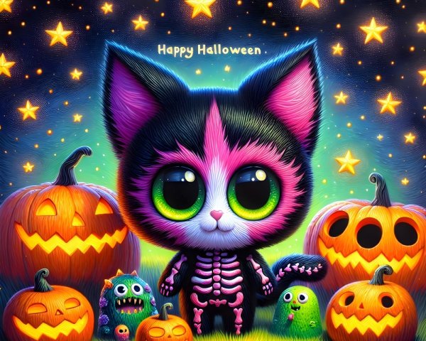 Cartoon Cat in Skeleton Costume for Halloween Scene