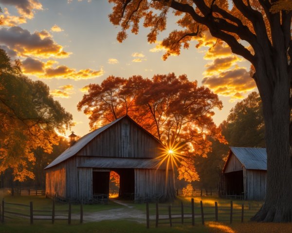 Tranquil Rustic Barns Amidst Autumn Sunset Landscape
