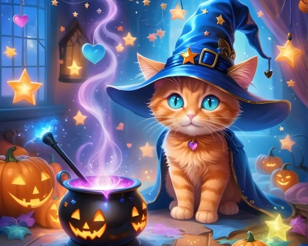 Playful Cat in Wizard Hat Surrounded by Halloween Decor