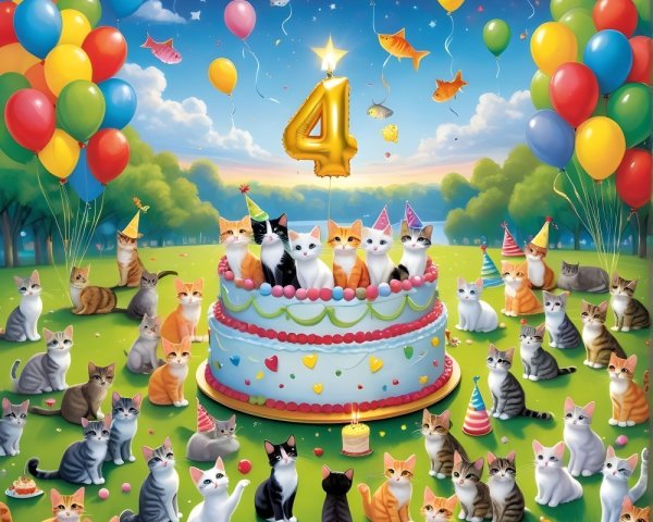 Whimsical Birthday Scene with Colorful Cake and Cats