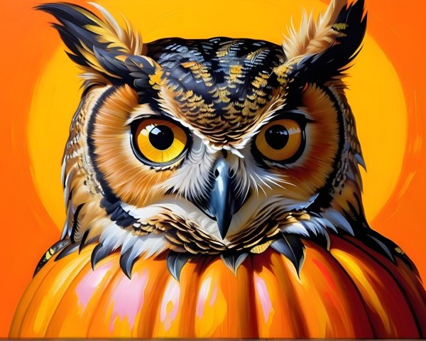 Owl on Pumpkin with Autumnal Background and Charm