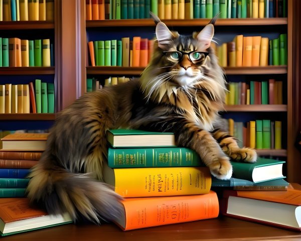 Maine Coon Cat on Colorful Books with Bookshelf Background