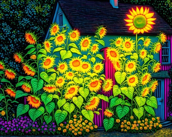 Charming House Surrounded by Lush Sunflower Garden
