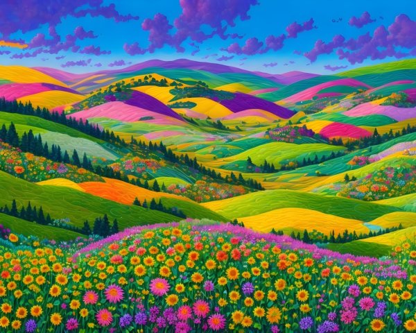 Vibrant Landscape with Colorful Flowers and Hills