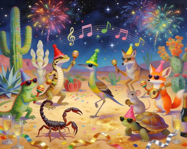 Desert Night Scene with Party Animals and Fireworks