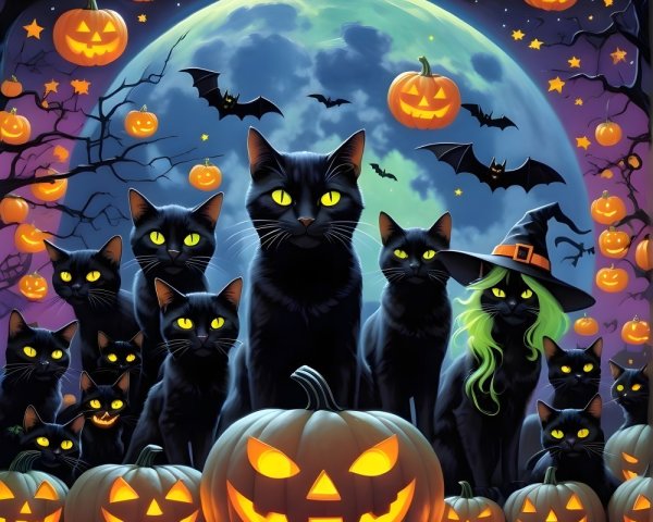 Whimsical Halloween Scene with Black Cats and Pumpkins