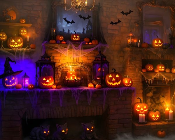Cozy Halloween Scene with Jack-o'-Lanterns and Cats