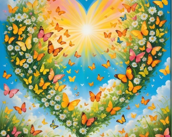 Heart-Shaped Scene with Colorful Butterflies and Flowers