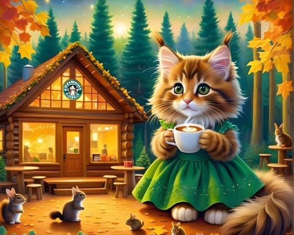 Fluffy Cat in Green Dress by Cozy Cabin with Animals