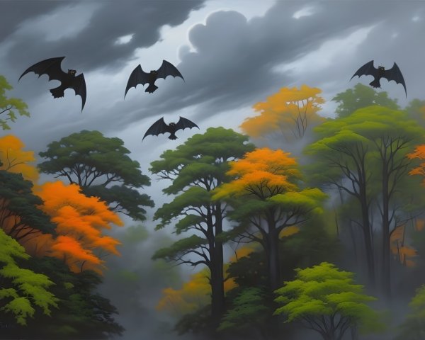 Misty Forest with Autumn Foliage and Bats in Sky