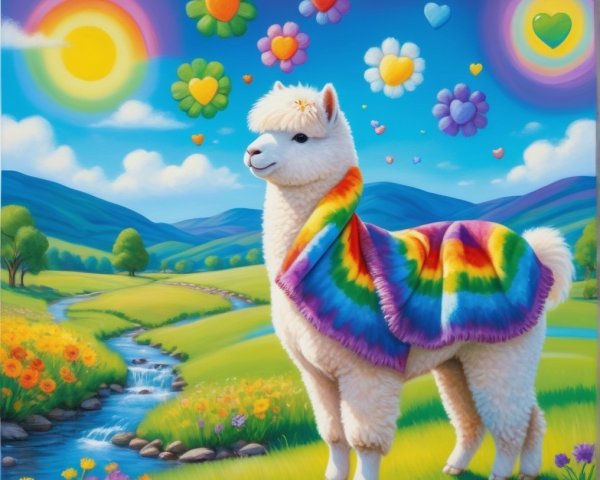 Whimsical Landscape with Cheerful Llama and Colors